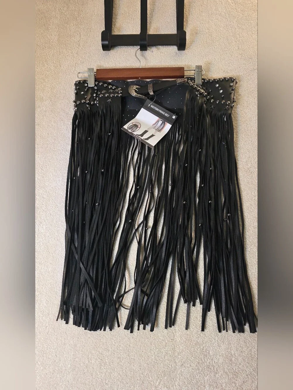 Long Faux Leather Black Studded Fringe Belt Western Boho Festival Punk OS NWT
